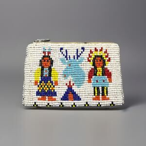 Vintage Native American Coin Purse White Hand Beaded Leather Inside with Zipper
